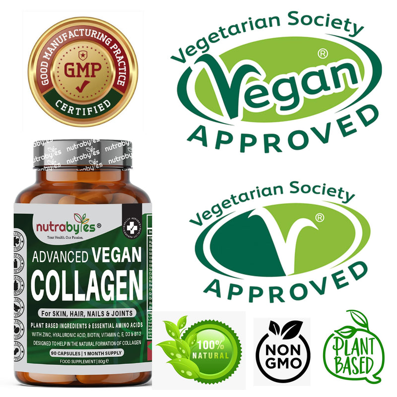 Nutrabytes Vegan Collagen Supplements for Women & Men | Plant-Based Vegan Collagen Capsules with Hyaluronic Acid, Biotin, Vitamin E, D3, C & Amino Acids | Vegetarian Collagen | UK Made