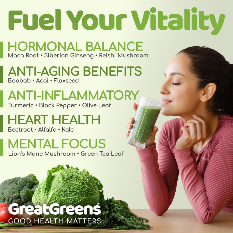 GreatGreens - Organic Greens Powder - Large 300g Blend 40 Raw Superfoods - Greens, Vegetables, Super Fruits, Berries, Sprouts and Mushrooms - High Fibre Vegan Daily Juice Smoothie Drink - 30 Servings
