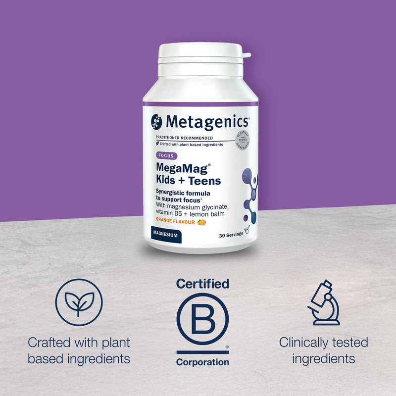 Metagenics MegaMag Kids + Teens - Magnesium & Lemon Balm Powder with B Vitamins for Focus at School - Orange, 30 Servings