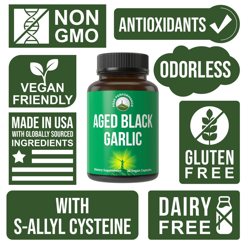 [Australia] - Peak Performance Aged Black Garlic Capsules. Raw Vegan Pure Odorless Extract Supplement Pills for Cholesterol, and Immune Support. from Garlic Bulb with S-Allyl Cysteine and Antioxidants 