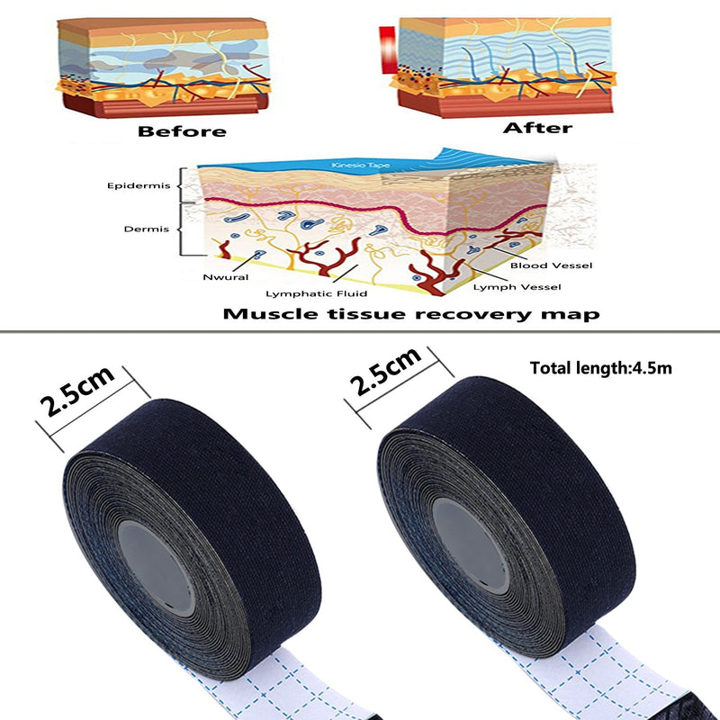 Kinesiology Recovery Therapeutic Tape, Waterproof Muscle Support for Athlete,Sports Injury Tape 1 inch x 16.4 ft / 2.5cm x 5m Black 12 rolls
