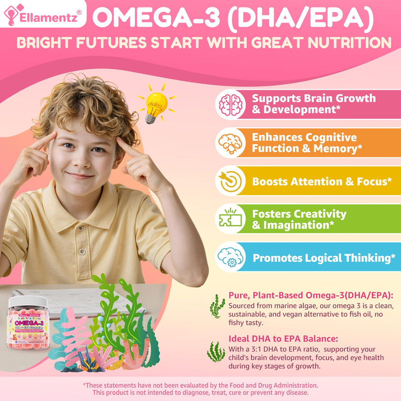 Omega 3 Gummies for Kids, w/DHA + EPA Plus Methyl B12 B9, D3 K2, 120 cts | Lion's Mane, Super Greens, Lutein, Picky Eater Vitamins for Growth, Cognitive & Immune Support, No Fish Burps, Sugar Free 60 Count (Pack of 2)