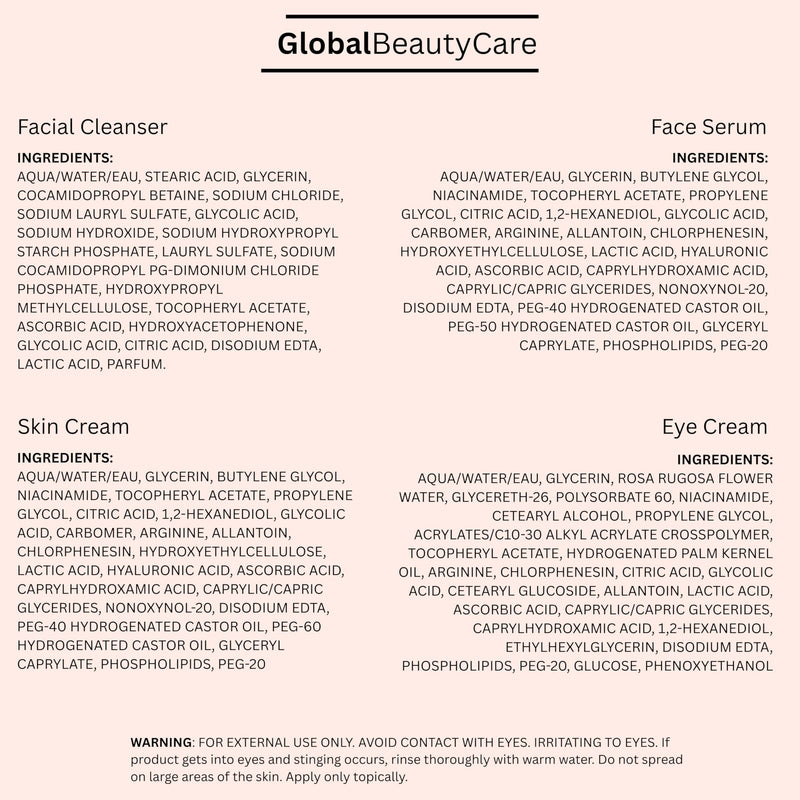 Global Beauty Care Vitamin C Glow Skincare Set - Complete Face Care Routine, Facial Cleanser, Serum, Eye Cream & Face Cream, with Niacinimade, AHA's & Vitamin E For Radiant Smooth Skin, 4-Piece Set 4-Piece Skincare Set
