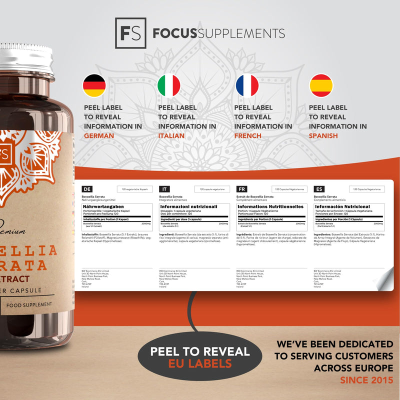 FS Boswellia Serrata Capsules | 120 Boswellia Serrata Extract High Strength Capsules - 2000mg per Serving | Frankincense Resin Supplement | Non-GMO, Gluten & Allergen Free | Made in The UK 120 count (Pack of 1)