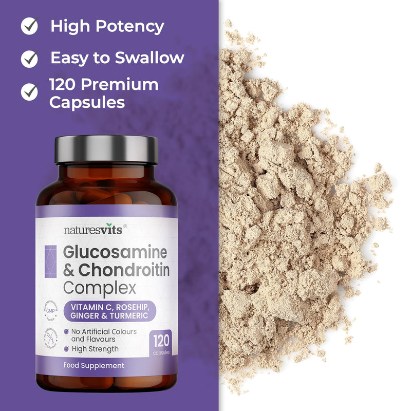 Glucosamine Sulphate and Chondroitin High Strength Supplement, 120 Capsules - with Turmeric and Vitamin C Complex - Arthritis and Joint Care for Women and Men to Assist with Pain Relief