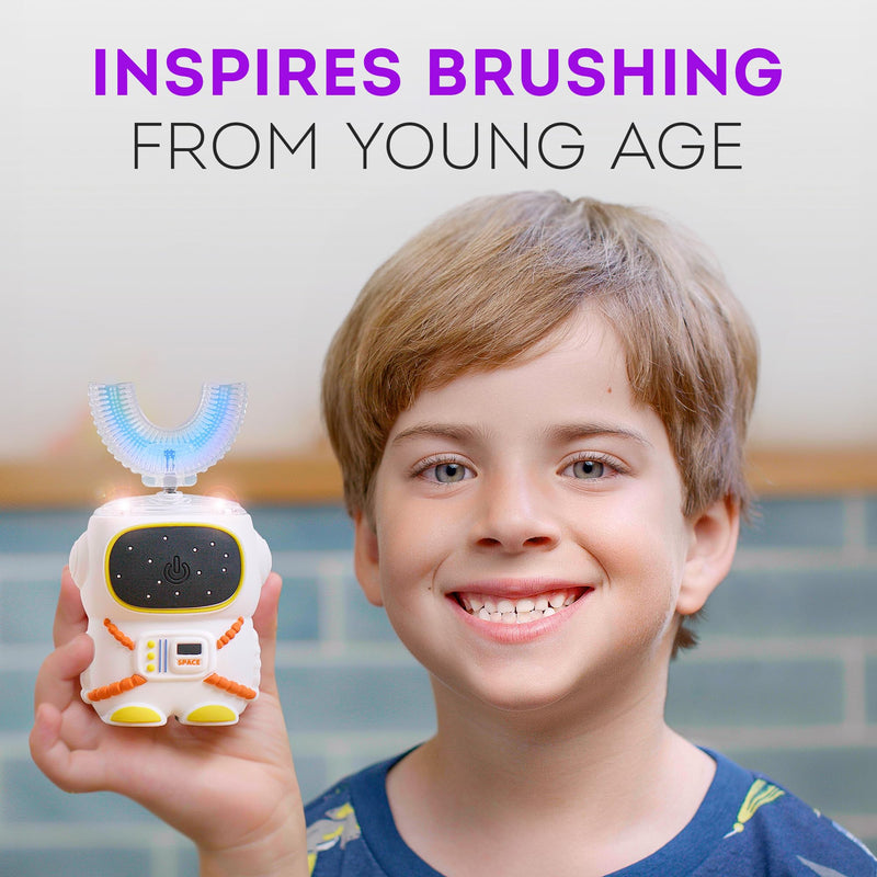 [Australia] - Sensory 360 Round U-Shaped Astronaut Design Mouthguard Electric Toothbrush for Kids Ages 2-7 - Automatic Memory Function - 5 Modes Toothbrush with Multiple Heads – Kids Travel Essentials (White) White Small 