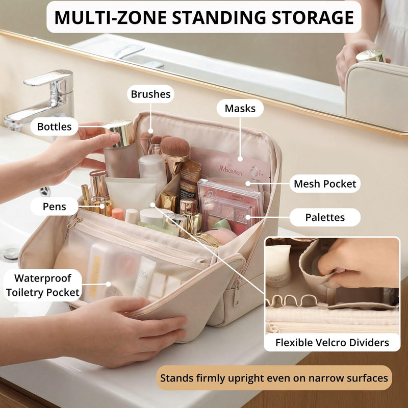 tianzong Travel Makeup Bag with Magnetic Fold-Down Flap, Waterproof Leather Cosmetic and Toiletry Organizer for Women, Multi-Zone Standing Storage, Cream, X-Large XL-Cream