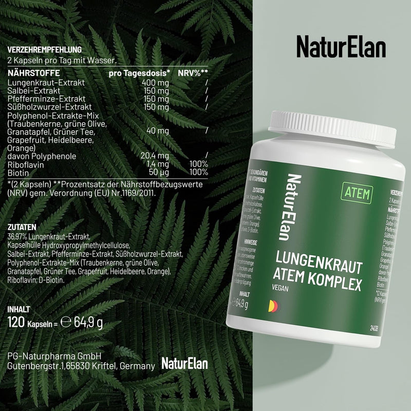 [Australia] - Lungwort capsules - breath complex, 120 capsules with 400 mg per daily dose, with lungwort, sage, peppermint, licorice root, polyphenol extracts and much more. Vegan, without additives, produced in Germany 