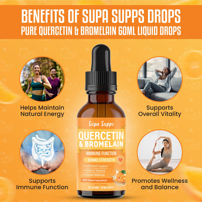 Quercetin Liquid Drops 60ml - High Strength 500mg Per Serving Bromelain Drops - Antioxidant Quercetin Supplement for Absorption - Fast Absorbing Polyphenol Querctin Complex - Orange Flavour