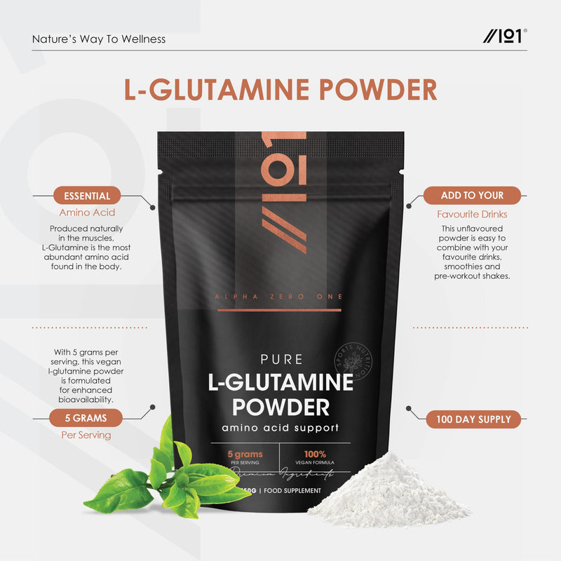 L-Glutamine Powder 500g – Unflavoured – Vegan Fermented Amino Acid – 100% Pure – Resealable and Recyclable Pouch by Alpha01