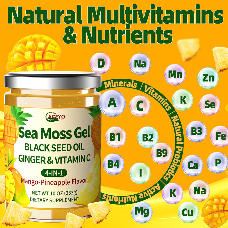 ACEYO Sea Moss Gel 4-in-1, Irish SeaMoss with Black Seed Oil & Ginger | Rich in Minerals & Vitamins,Immunity & Health Support,Superfood,Non-GMO, Vegan,Mango Pineapple Flavor,10 oz (Pack of 1) MangoPineapple 10 Ounce (Pack of 1)
