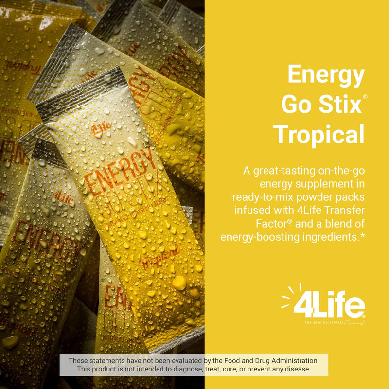 4Life Energy Go Stix Tropical Drink Mix with Amino Acids, 15 Packets | Tropical flavor, Green tea, Yerba mate, Ginseng, Guarana, Maca, Energy supplement, Endurance, Portable stick packs