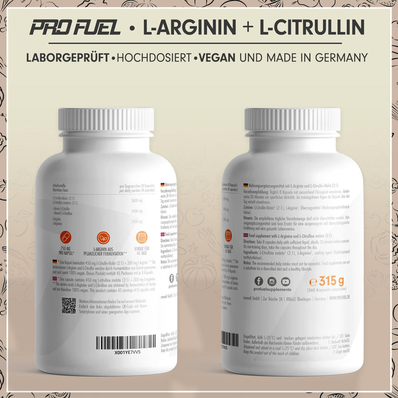[Australia] - L-arginine + L-citrulline malate capsules 360x - optimally high dose with 6000 mg per day of L-arginine (2400 mg) + L-citrulline malate (3600 mg) - without additives - laboratory tested with certificate - vegan 1x 360 capsules 