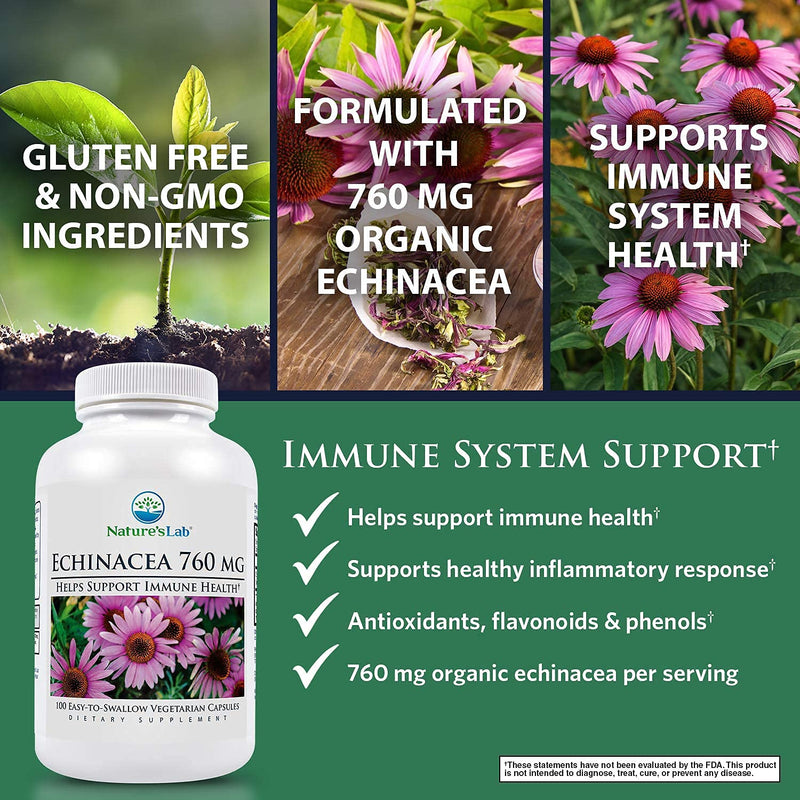 [Australia] - Nature's Lab Echinacea 760mg Dietary Supplement - Powerful All Natural Immune System Support - Non-GMO, Gluten Free - 100 Capsules (50 Day Supply) 