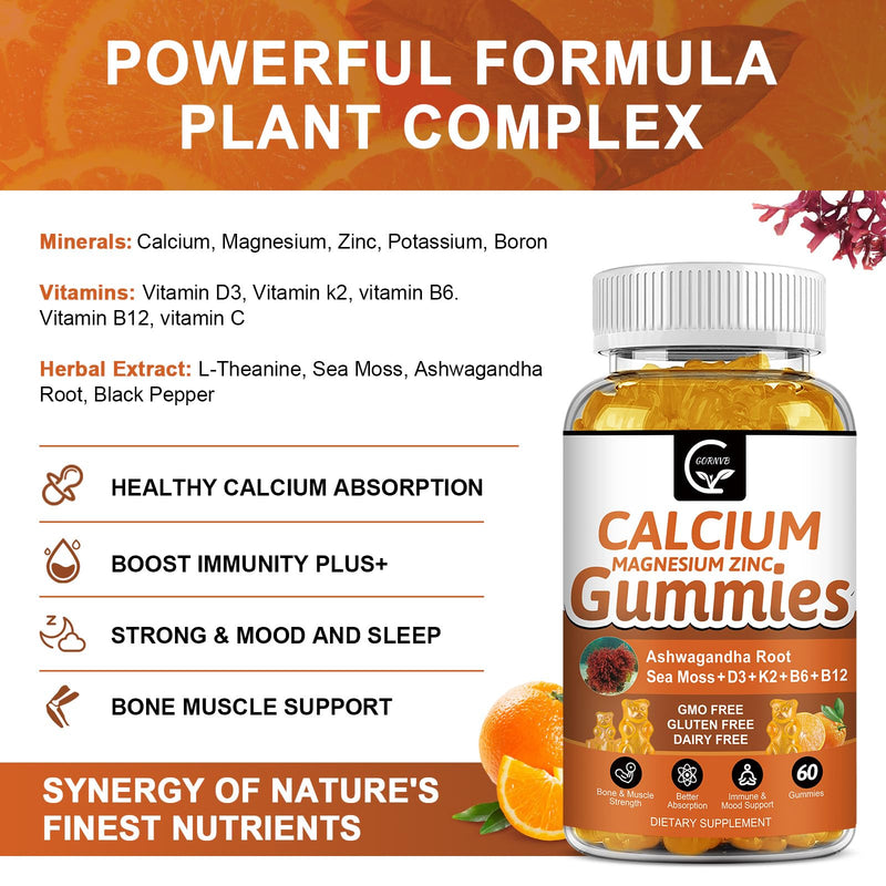 1200mg Calcium Gummies with Vitamin D3,K2,B12 & B6 - Plant Complex Calcium Magnesium Supplement with Glycinate,Potassium,Sea Moss,Ashwagandha Root for Bone & Teeth Strength, Muscle & Immune-2 Pack 60 Count (Pack of 2)