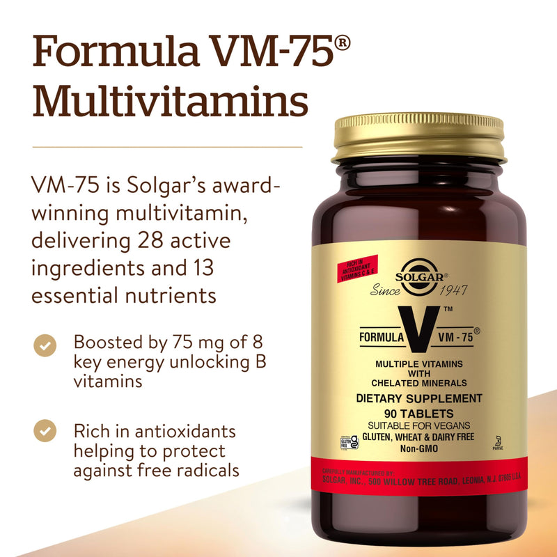 Solgar Formula VM-75, 90 Tablets - Vitamin A, B6, B12, C, D, E, Vegan | Multivitamin with Chelated Minerals - Biotin, Magnesium, Calcium, Iron, Zinc, Gluten Free, Dairy Free, Kosher - 90 Servings 90 Count (Pack of 1)