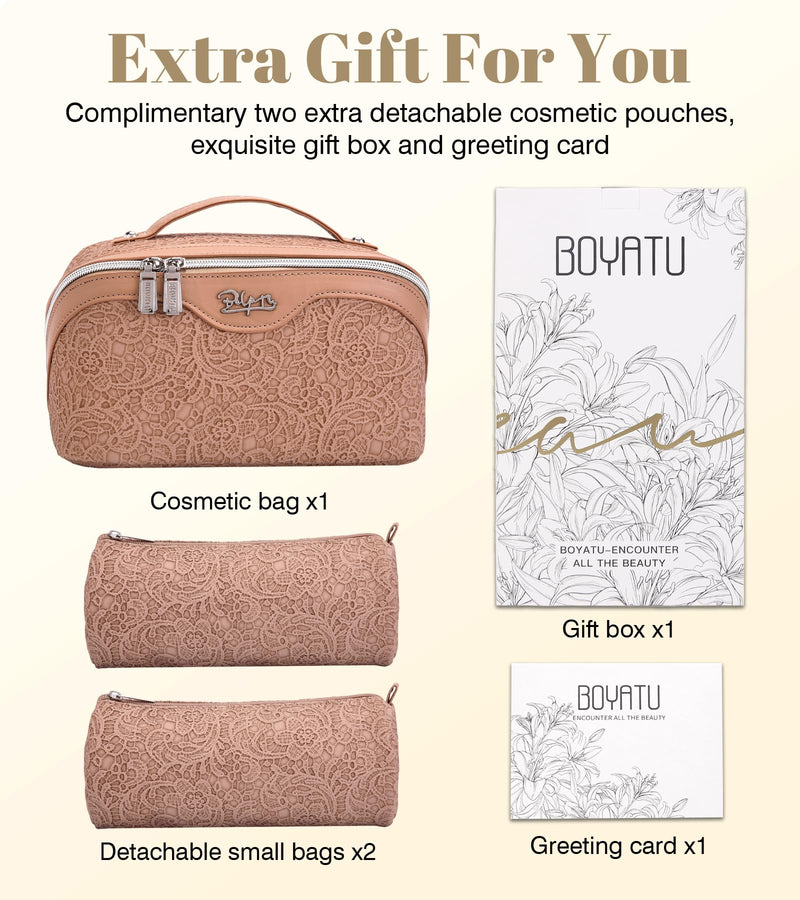 BOYATU Travel Makeup Bags Cosmetic Organizer Bag: 3-Set Large Capacity Make up Bag - PU Leather Toiletry Bags for Women - Wide Open Portable Pouch with Divider & Handle (A-Tan) A-Tan
