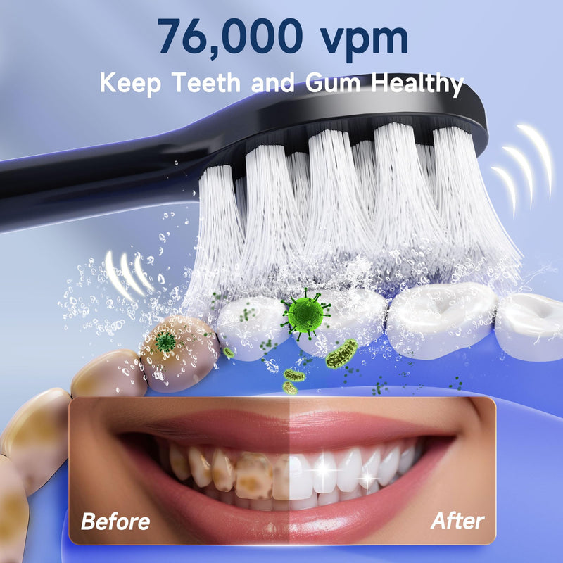 mornwell Sonic Electric Toothbrushes, Rechargeable Electric Toothbrush with 8 Brush Heads 76000 VPM Deep Clean 4 Modes, Travel Toothbrushes Fast Charge 4 Hours Last 45 Days for Adults and Kids Black 1 Count (Pack of 1)