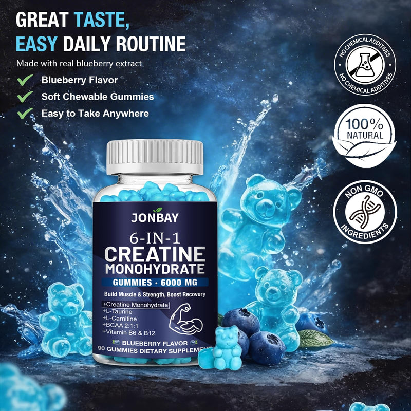 Creatine Gummies 6000mg, Creatine Monohydrate Powder & Tablets Alternative, Pre/Post Gym Workout Support for Muscle Strength & Recvovery, with BCAAs & L-Theanine, Creatine Monohydrate for Adults 90 count (Pack of 1)