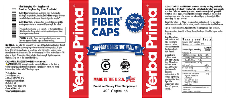 [Australia] - Yerba Prima Daily Fiber Caps Formula, 400 Capsules - Both Soluble and Insoluble - with Psyllium Seed Husks, Acacia Gum, Apple Fiber and More - Dietary Supplement 400 Count (Pack of 1) 