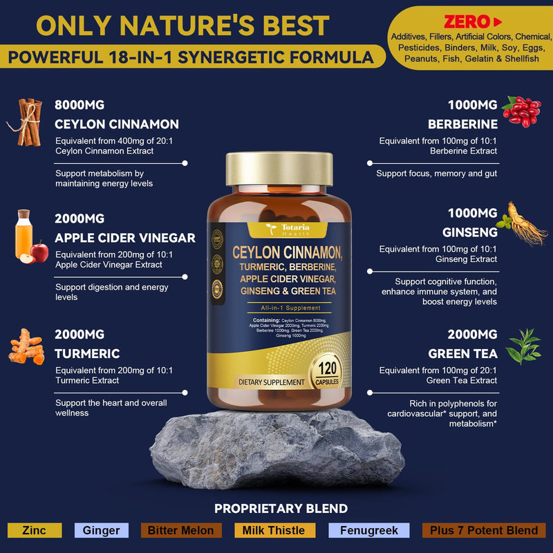 [Australia] - 18-in-1 Organic Ceylon Cinnamon Capsules with Berberine, Ceylon Cinnamon Supplement w/Apple Cider Vinegar Turmeric Bitter Melon Milk Thistle, for Metabolism, Energy, Heart*, 120 Counts 120 Count (Pack of 1) 