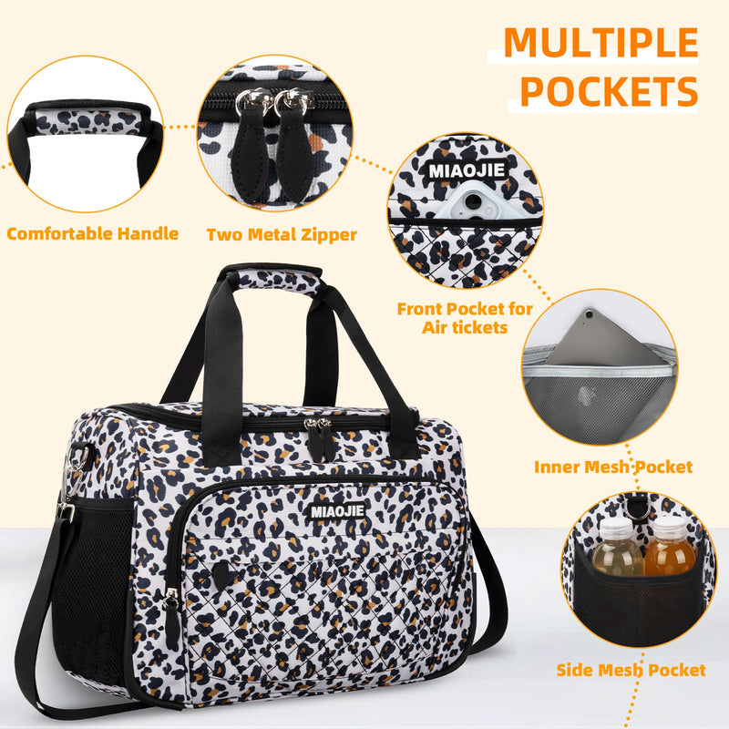Travel Duffle Bag for Women, Underseat Carry On luggage Bag Foldable Overnight Weekender Hospital Bag Lightweight Airplanes Personal Item Travel Tote Bag for Women Birthday Gifts, 16IN Leopard Print