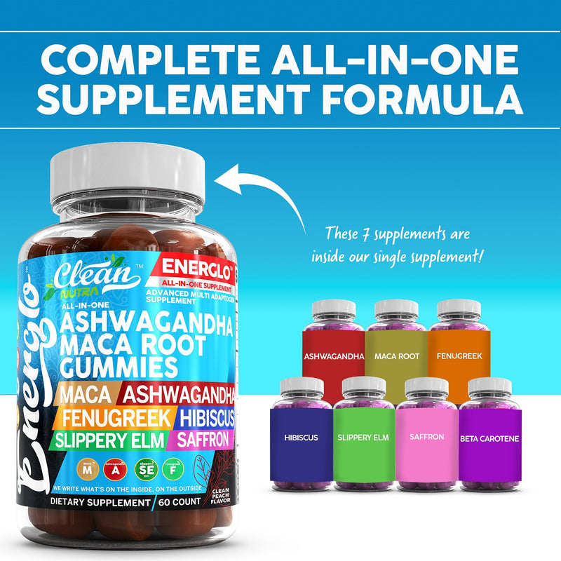 Ashwagandha Maca Root Gummies with Fenugreek Hibiscus Slippery Elm Saffron Extract & Beta Carotene | Peach Flavor Vegan Gummy Vitamins Adaptogen Cortisol Supplement Energlo By Clean Nutra 1