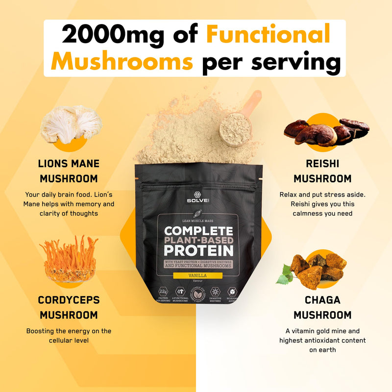 Vegan Protein with 4 Functional Mushrooms (Lion's Mane, Reishi, Cordyceps, Chaga) ● 5 Digestive Enzymes: DigeZyme® ● 500g | 128 kcal & 23g of Protein Per Serving ● Vanilla Flavor 500 g (Pack of 1)
