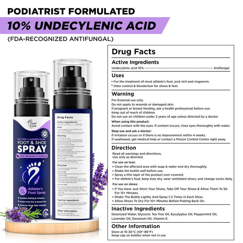 Foot Cure Shoe Deodorizer Spray - Tea Tree | Lavender Shoe Deodorizer for Smelly Feet, Athletes Foot Spray Odor Eliminator and Sweat Control | Removes, Controls & Prevents Odors - 120ml Made in USA