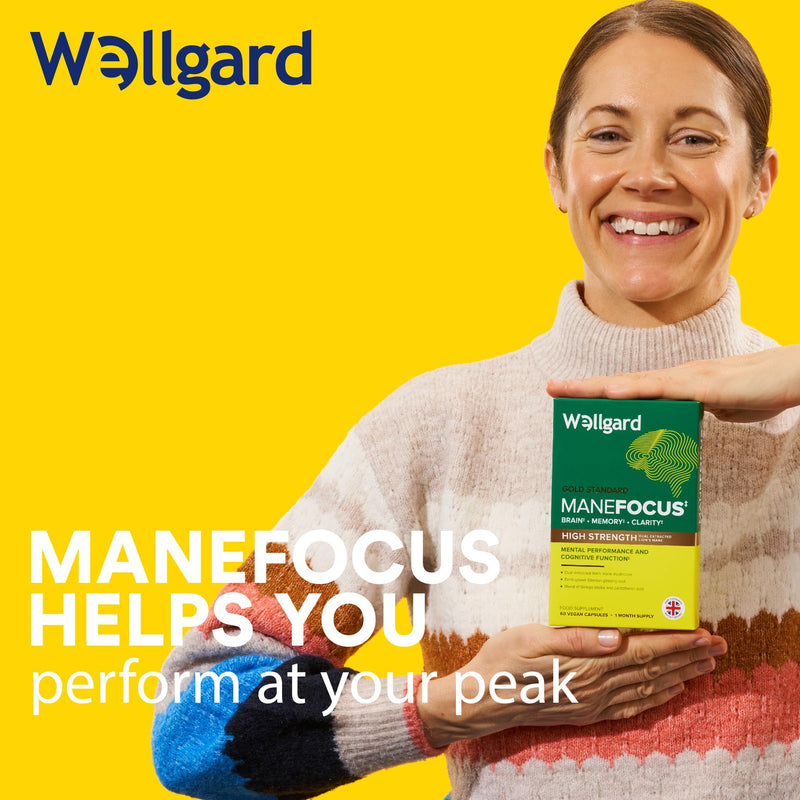 Wellgard Manefocus - Lions Mane Supplement Capsules for Mental Performance, Brain Health, Memory, Clarity, 60 Capsules
