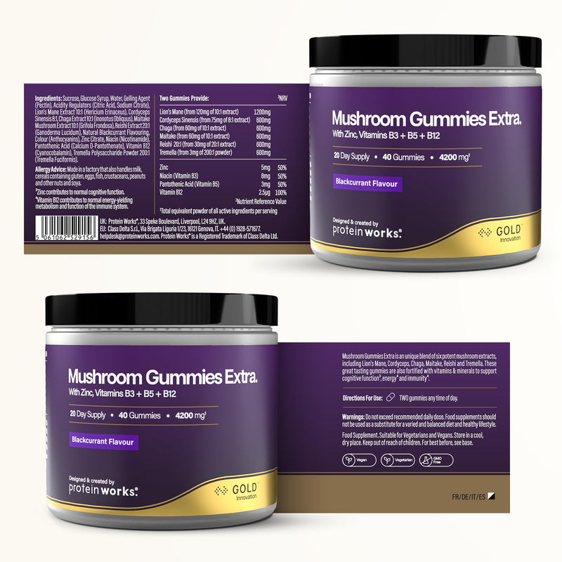 Mushroom Gummies Extra - GOLD Innovation, Potent Multi-Mushroom Complex, Lion's Mane, Reishi, Cordyceps, Chaga, Tremella, Maitake, Zinc, Vitamins B3, B5 & B12, 40 Gummies, Blackcurrant | Protein Works