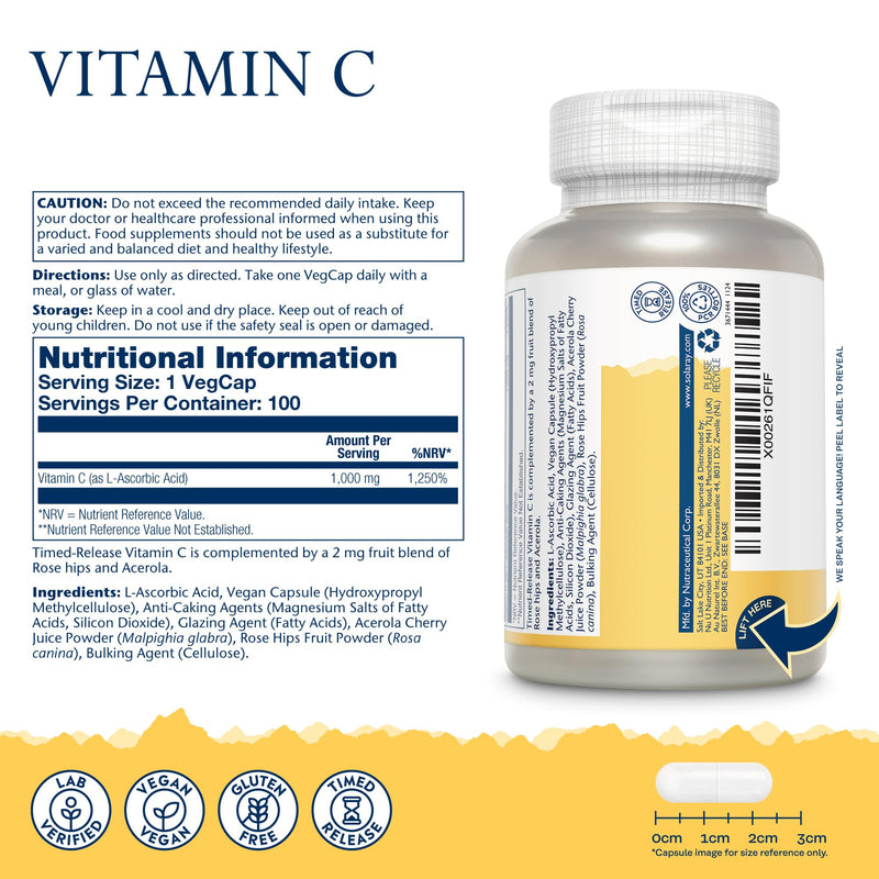 Solaray Vitamin C 1000mg Time Release Formula - 100 Vegan Capsules - High Strength VIT C with Acerola & Rosehip 2 Stage Sustained Release - 3+ Month Supply - Immune Support - Lab Verified 100 count (Pack of 1) Time Released Vit C