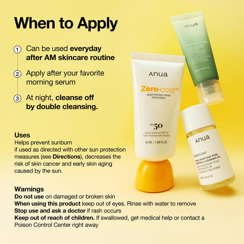 [Australia] - Anua Zero-Cast Moisturizing Finish Sunscreen,SPF 50, Glow Natural Sunscreen,No White cast, Hyaluronic Acid, Niacinamide sun block for face,Oil-Free, Oxybenzone free, Travel Essential (50ml/1.69fl.oz) 