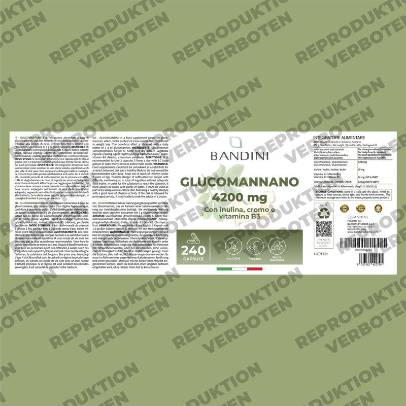 [Australia] - Bandini® Glucomannan from konjac root - 4200 mg per daily dose - 240 capsules - Optimized with bacterial cultures, chromium, vitamin B3 and inulin - High-dose supplement - Vegan 