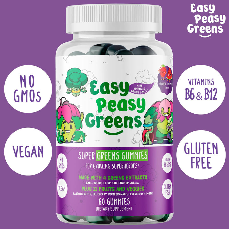 EasyPeasyGreens Daily Veggie Gummies for Kids - 60 Greens Gummies - Helps Picky Eaters Get Their Veggies in - Made with 10 Real Vegetable Extracts and 100% Vegan Berry