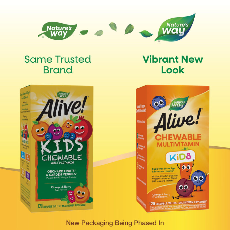 [Australia] - Nature's Way Alive! Children's Daily Chewable Multivitamin, Supports Bone, Eye, and Immune Health*, Orange & Berry Fruit Flavored, Gluten Free, 120 Chewable Tablets (Packaging May Vary) 