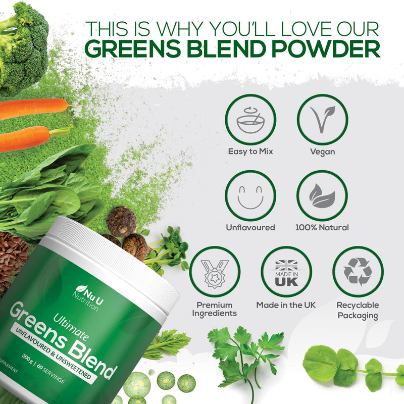 Nu U Nutrition - Greens Powder 300g - 17 Superfood Ingredients - 60 Servings - Unflavoured, Unsweetened - Ultimate Greens Blend with Maca, Beetroot & Inulin - 100% Vegan - Made in the UK