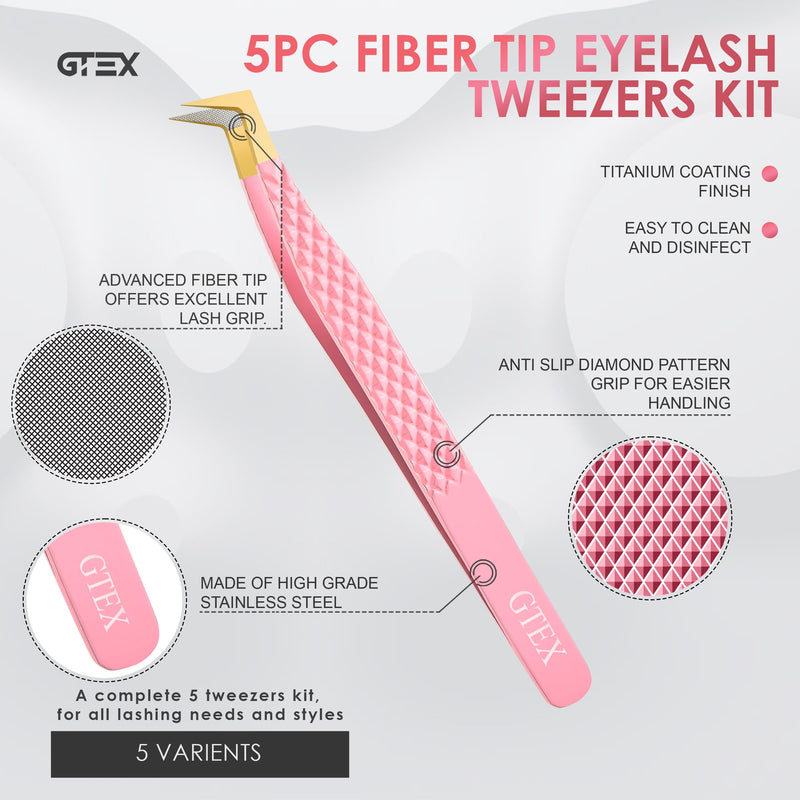 GTEX Fiber Tip Lash Tweezers For Eyelash Extension Set of 5, Professional Eyelash Tweezers For Lash Extensions - 90 45 Degree Curved Volume Tweezer Pink