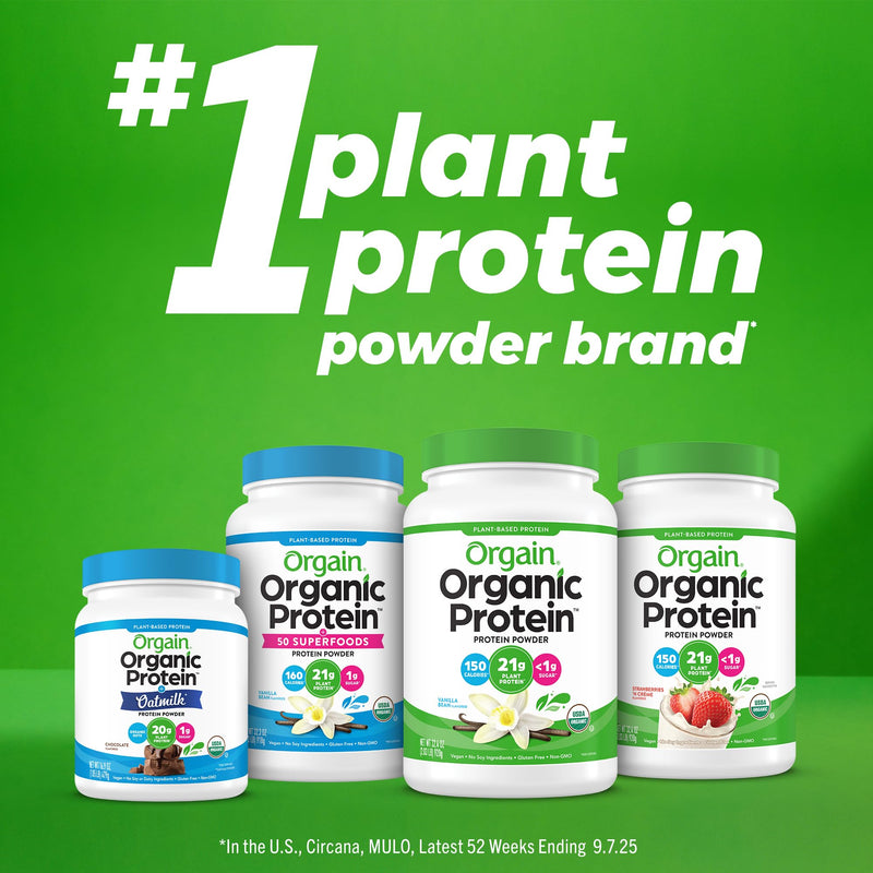 Orgain Organic Vegan 21g Protein + Superfoods Powder, Vanilla Bean, 2.02lb | Plant based protein, 50 superfoods, 8g prebiotic fiber, gluten free, no added sugar, non-GMO, no lactose ingredients 2.02 Pound (Pack of 1)
