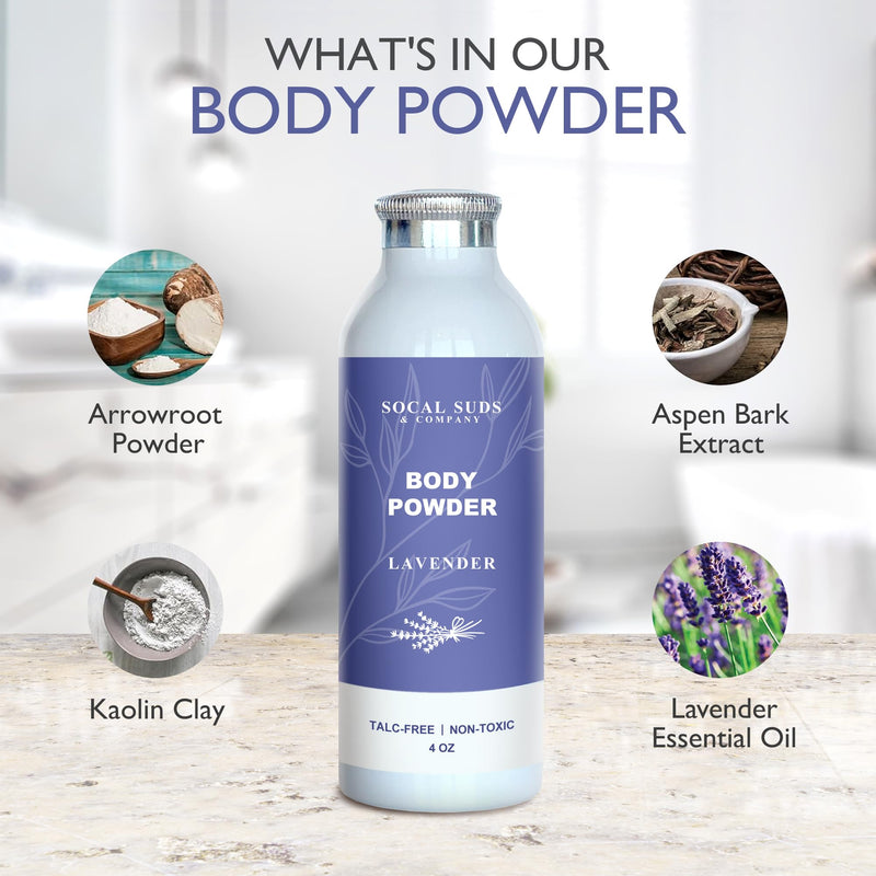 SoCal Suds & Company Natural Body Powder Talc-Free, Lavender, 4oz, 1-Pack | With Arrowroot Powder, Kaolin, Aspen Bark Extract for Soft Soothing Delicate Skin 4 Ounce, Body (1- Pack)