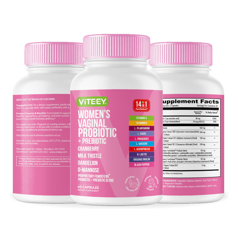 Viteey Vaginal Probiotic for Women - 14in1 FemDefend | Women’s Probiotic + Prebiotic with Cranberry & D Mannose – Vaginal Health & Urinary Tract Support Supplement – 60 Capsules