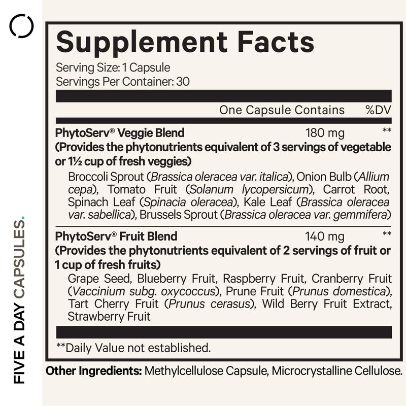 Codeage Instantfood Five A Day, Fruits and Veggies Nutrients, 30 Capsules | Whole-food phytonutrient equivalent of 5 servings of fruits and veggies from 15 sources, one capsule. . Vegan, non-GMO.