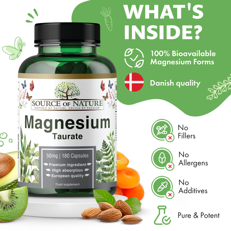 Source of Nature® | Magnesium Taurate 625mg | 180 Capsules | 45-Day Supply | 50mg Elemental | High Absorption | Gentle on Stomach | Lab-Tested Purity