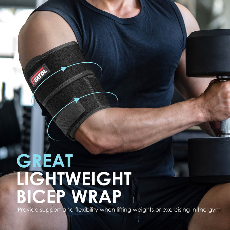 [Australia] - FEATOL Bicep Tendonitis Brace Compression Sleeve Support, Upper Arm Brace Bicep Support Bands for Pain Relief, Muscle Strains and Inflammation, Tricep/Bicep Wrap for Men and Women Black Large 