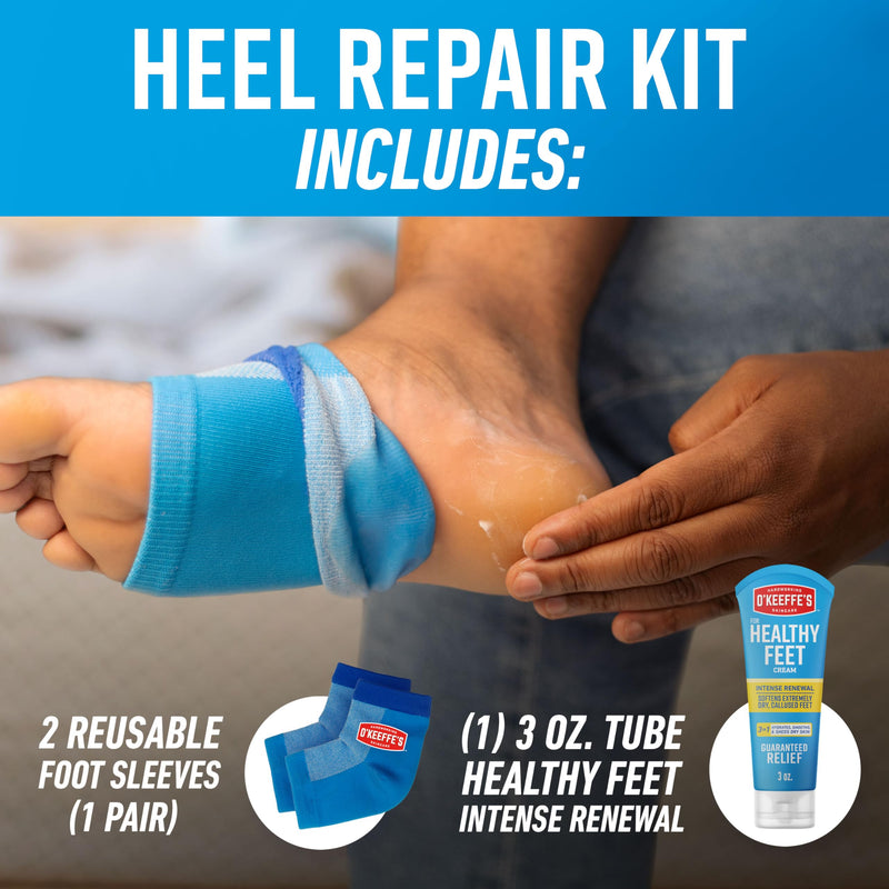 [Australia] - O’Keeffe’s for Healthy Feet Heel Repair Kit with Urea & Lactic Acid – (1 Pair) Reusable Foot Sleeves + 3 oz. Intense Renewal Foot Cream, Exfoliates & Softens Dry Heels 