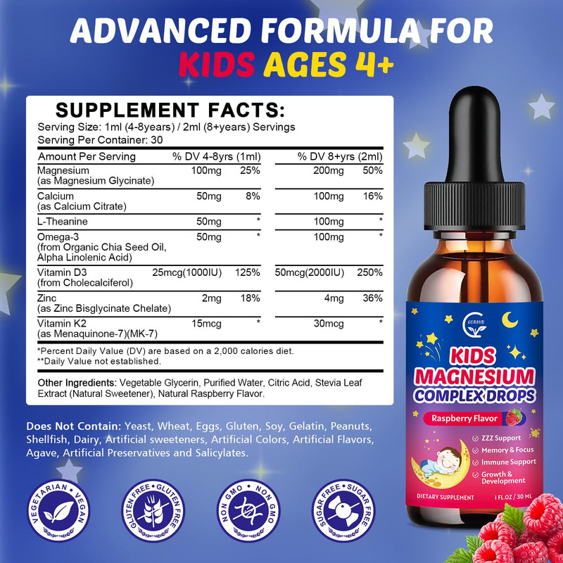 Magnesium Glycinate Liquid for Kids with L-Theanine, Omega-3 | Vitamin D3, K2, Zinc, Kids Magnesium Liquid Drops for Sleep & Calm, Brain, Bone, Sugar Free, Raspberry Flavor, 2 Bottles