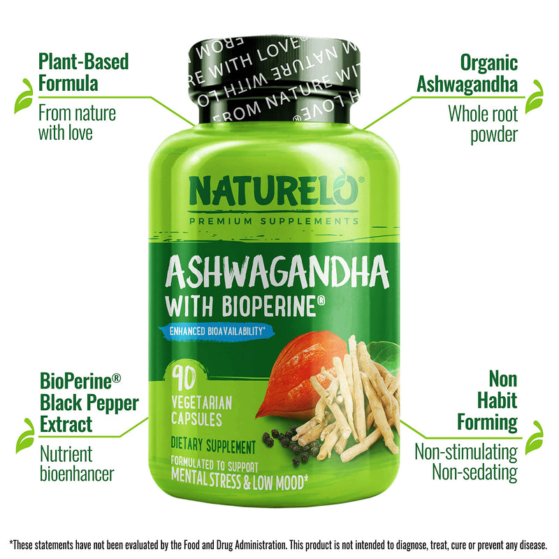 [Australia] - NATURELO Ashwagandha Organic Root Powder - Natural Herbs Supplement for Fatigue, Stress Relief, Mood Enhancer - with Black Pepper Extract - 90 Vegan Capsules Unflavored 90 Count (Pack of 1) 