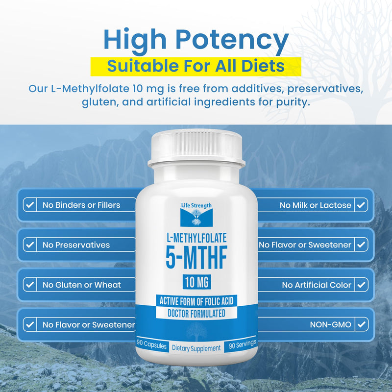 L Methylfolate 10mg | 90 Capsules | Optimized & Highly Bioactive Methyl Folate Supplement | 5-MTHF Supports for Energy, Focus & Mood | Non-GMO, Gluten Free, Vegan | 3 Month Supply 10 mg