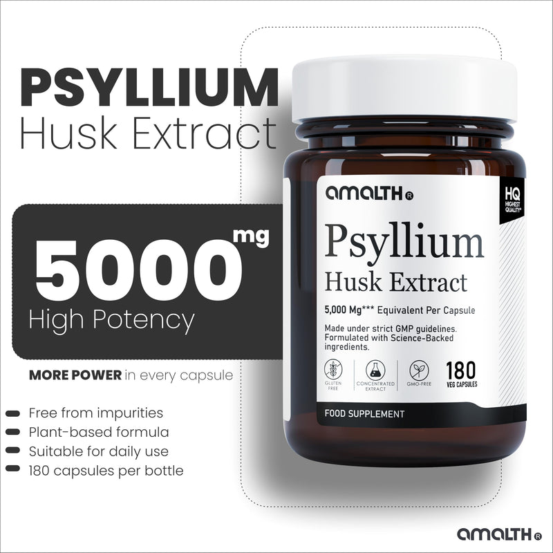 Amalth Psyllium Husk Capsules 5000mg Equivalent | Psyllium Husk Extract 10:1 with Probiotics | Fibre Supplement & Prebiotic Fibre | 180 Vegan Capsules | 6 Months Supply
