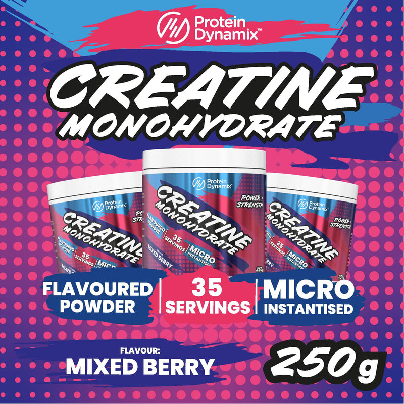 Protein Dynamix - Creatine Monohydrate Powder • Mixed Berry Flavour • 250g Tub (38 Servings) • Vegan & Gluten Free • Micronised Creatine Supplement for Muscle Strength, Power, Performance & Recovery 250 g (Pack of 1)